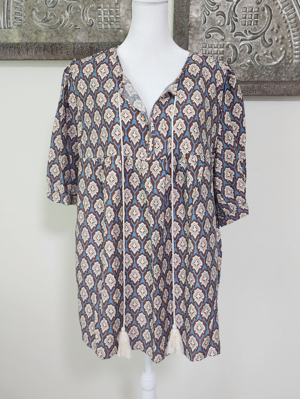 NWT PrettyGarden Boho Blue & Brown Printed Relaxed Peasant Top XL Festival